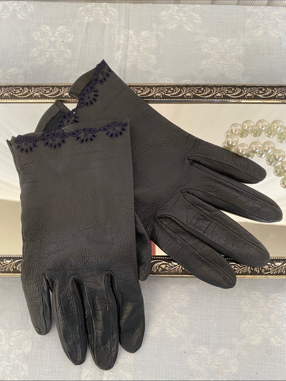 Classic Black Leather Women's Driving Gloves with Navy Lace Trim Size 7